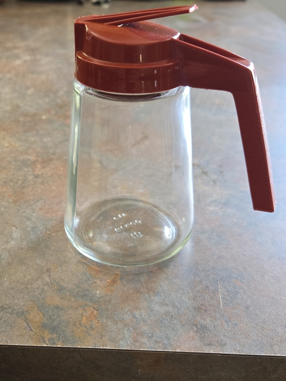 Vintage Federal Housewares Glass Syrup Dispenser with Red Pour Lid and Handle